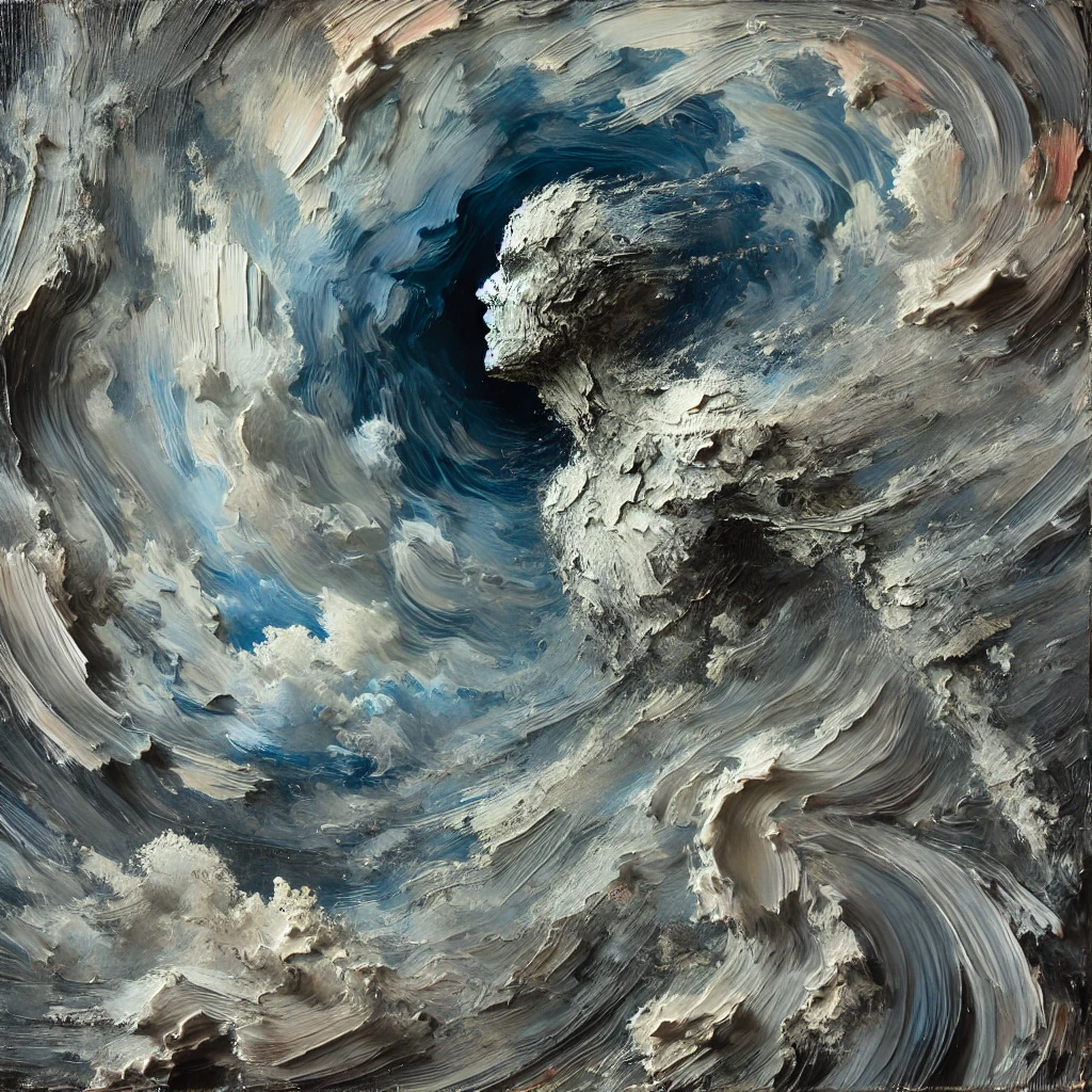 alt persona saliendo de un huracán de nubes. Tonos azulados